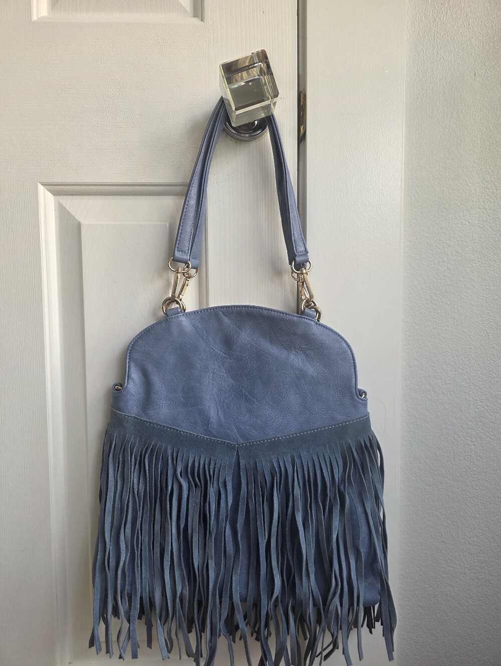 Moda Luxe Dusty Blue Fringe Shoulder Bag with Detachable Strap